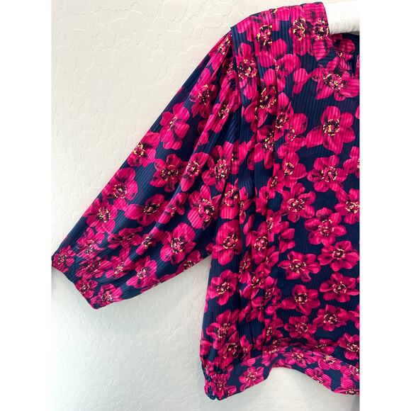 MAYEELOK | Pink Floral Blouse Vibrant 80s Style Pleated Top | Medium - Picture 3 of 8
